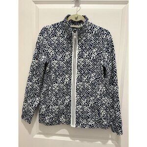 Talbots Jacket Size Medium Blue White Floral Pattern Zip Up Pockets Stretch